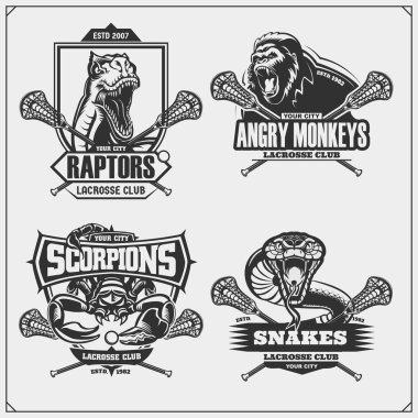 Lakros rozetleri, etiketler ve tasarım öğeleri kümesi. Goril, kobra, raptor dinozor ve akrep ile spor kulübü amblemleri. T-shirtler için baskı tasarımı.