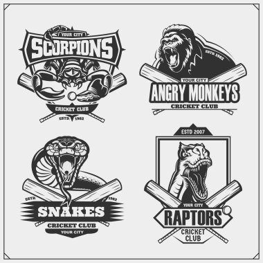 Kriket rozetleri, etiketler ve tasarım öğeleri kümesi. Goril, kobra, raptor dinozor ve akrep ile spor kulübü amblemleri. T-shirtler için baskı tasarımı.