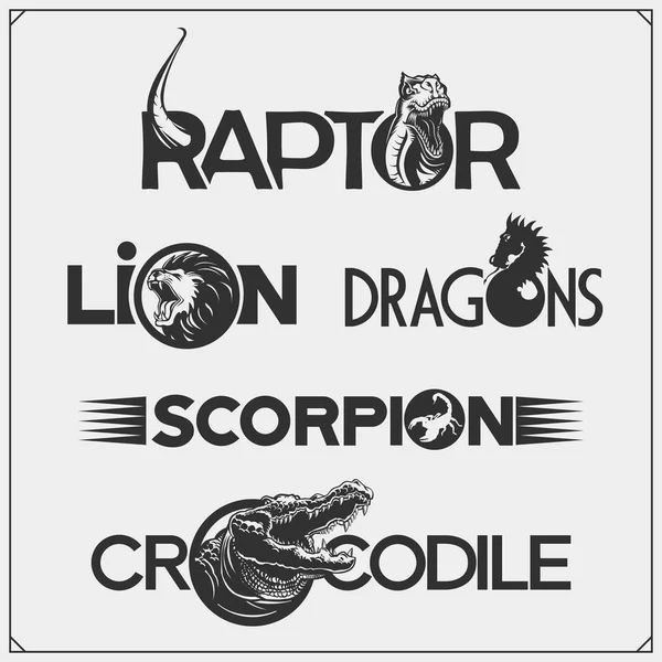 Set Lettering Logos Animals Lion Scorpion Dragon Dinosaur Crocodile Print — Stock Vector