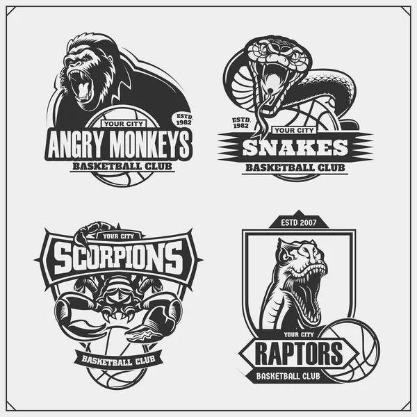 Conjunto Emblemas Baloncesto Insignias Logotipos Etiquetas Con Gorila Cobra Dinosaurio — Vector de stock