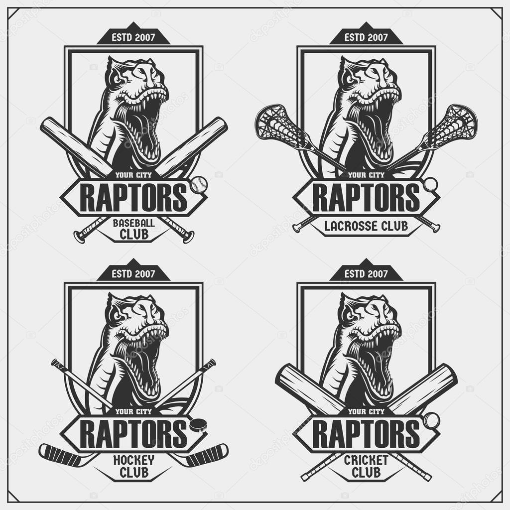 Cricket, baseball, lacrosse and hockey logos and labels. Sport club emblems with raptor dinosaur. Print design for t-shirt.