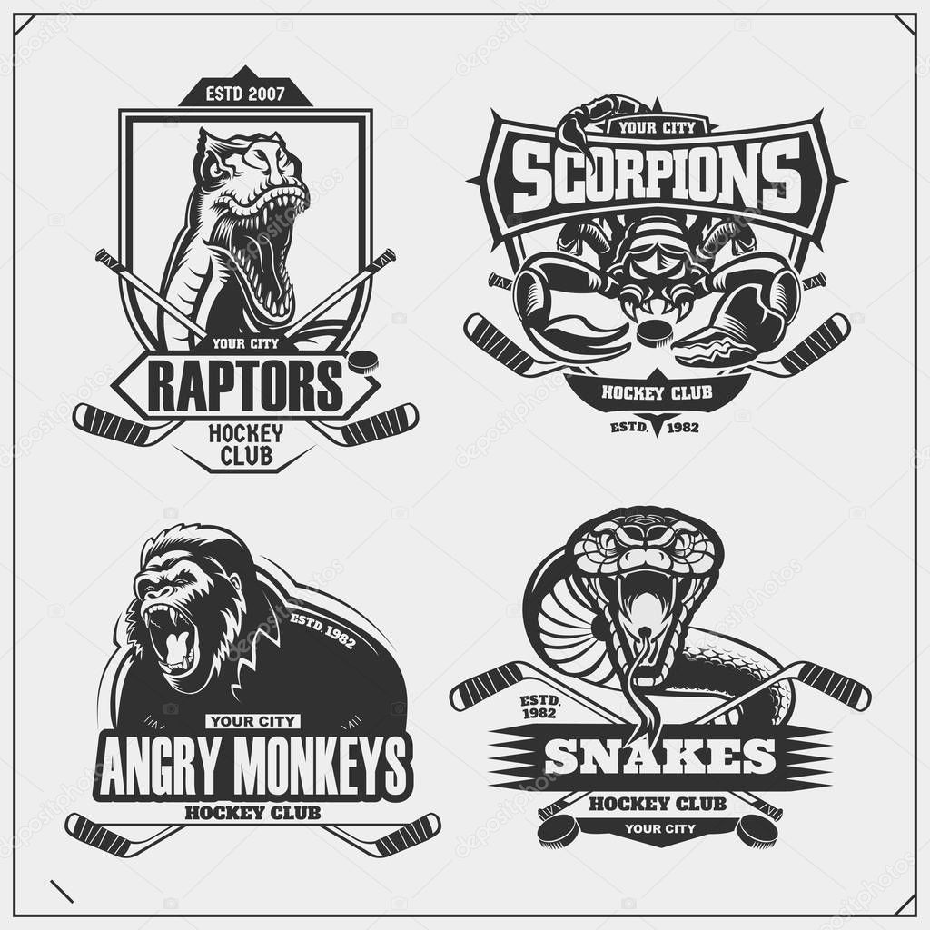 Hockey badges, labels and design elements. Sport club emblems with gorilla, cobra, raptor dinosaur and scorpion. Print design for t-shirts.