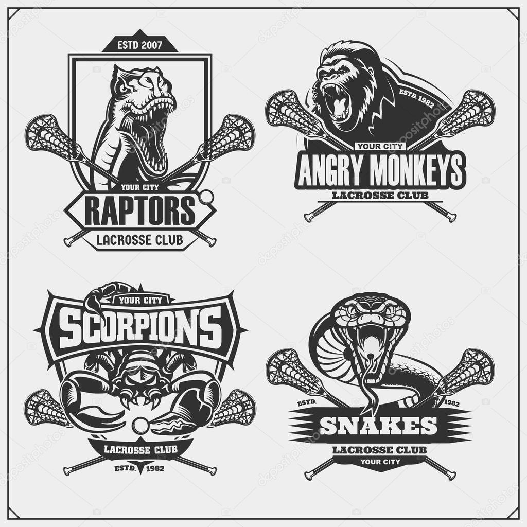 Set of lacrosse badges, labels and design elements. Sport club emblems with gorilla, cobra, raptor dinosaur and scorpion. Print design for t-shirts.