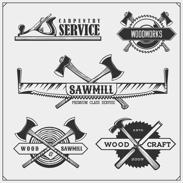 Set of vintage carpentry emblems. Woodwork  labels, badges, logos and design elements. Black and white vector illustration.