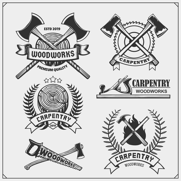 Set of vintage carpentry emblems. Woodwork  labels, badges, logos and design elements. Black and white vector illustration.