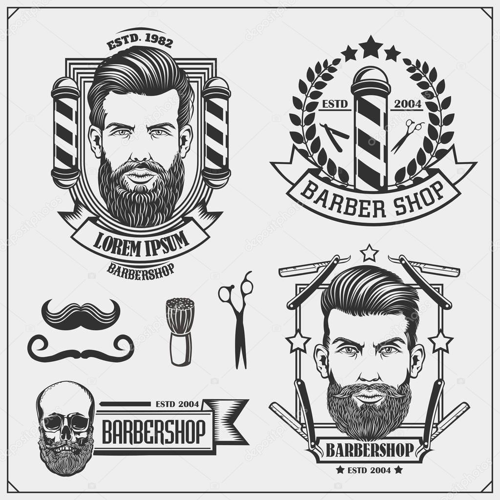 Set of vintage Barber shop labels, badges, emblems and design elements. Vector black and white illustration.