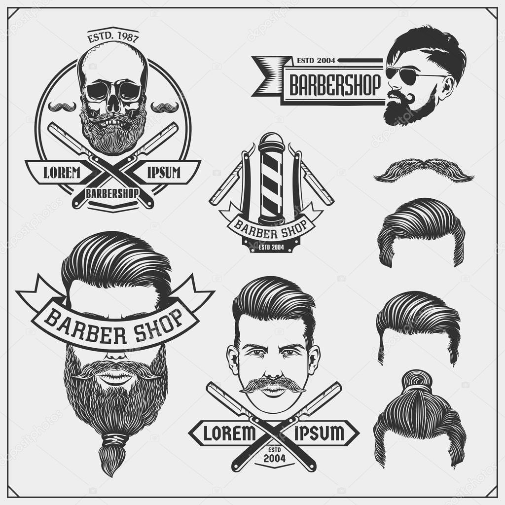 Set of vintage Barber shop labels, badges, emblems and design elements. Vector black and white illustration.