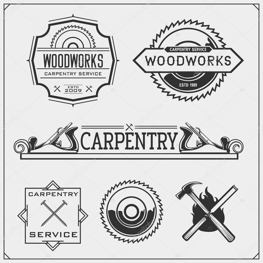 Set of vintage carpentry emblems. Woodwork  labels, badges, logos and design elements. Black and white vector illustration.