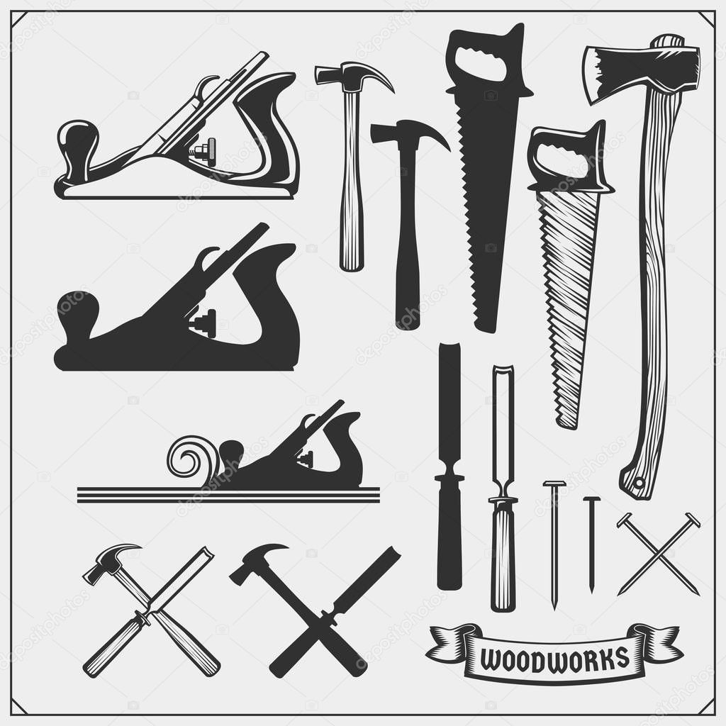 Set of woodworking and carpentry wood work tools. Carpentry Shop design. Black and white vector illustration.