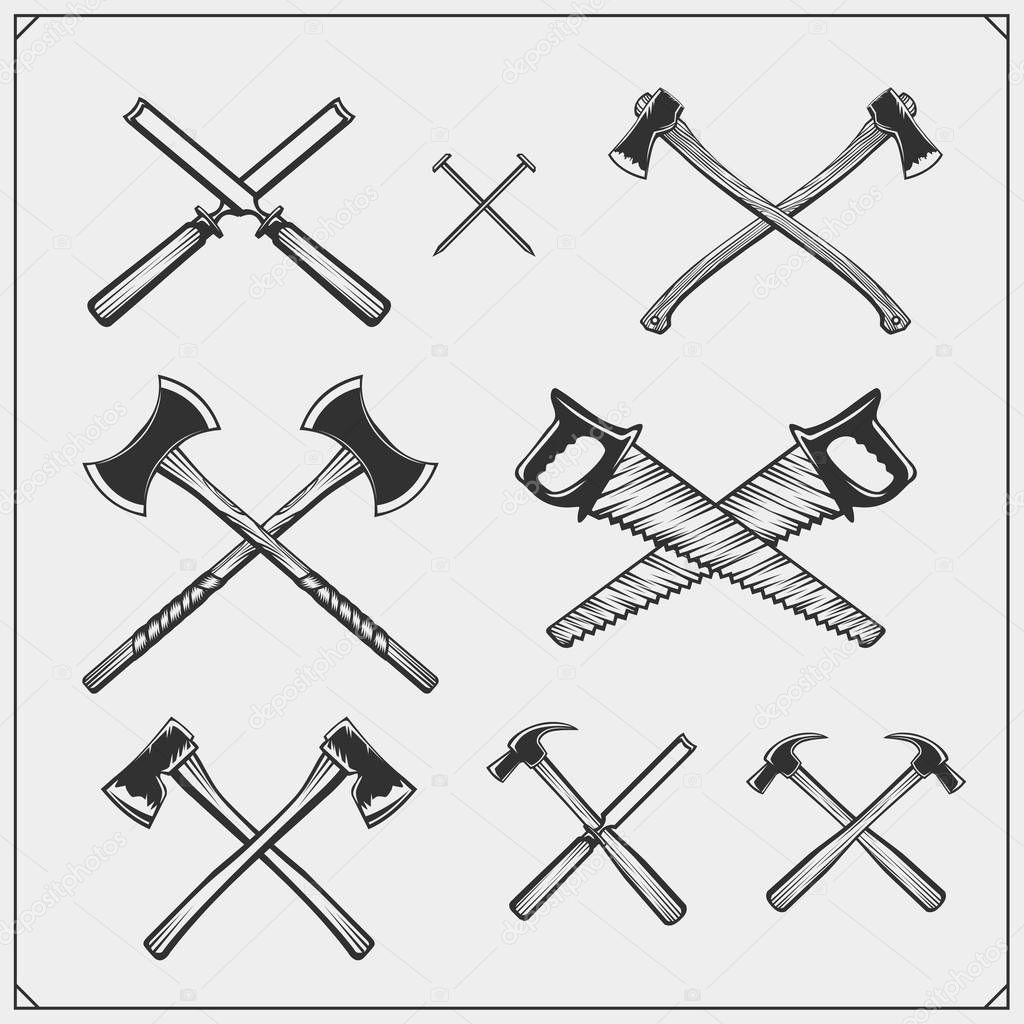 Set of woodworking and carpentry wood work tools. Black and white vector illustration