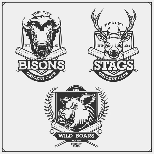 Ensemble Emblèmes Cricket Insignes Logos Étiquettes Avec Cerf Bison Wapiti — Image vectorielle