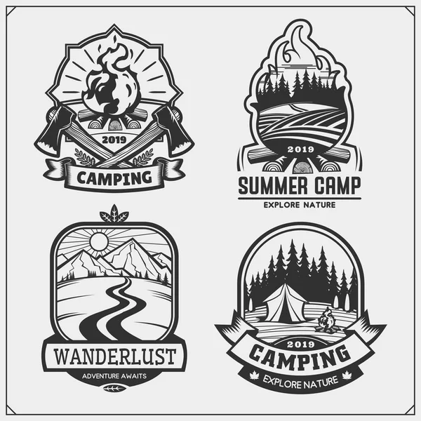 Camping Club Emblemen Badges Design Elementen Retro Set Van Berg — Stockvector