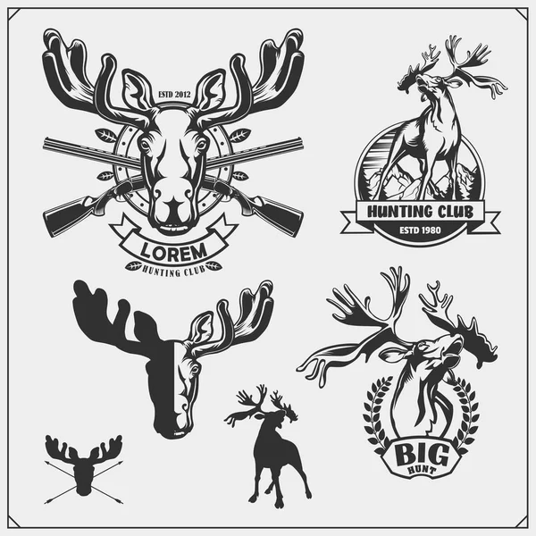 Ensemble Emblèmes Clubs Chasse Étiquettes Éléments Design Cerfs Orignaux — Image vectorielle