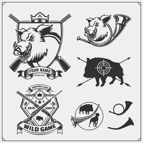 Uppsättning Vintage Jakt Vildsvin Etiketter Emblem Emblem Och Designelement Skriv — Stock vektor