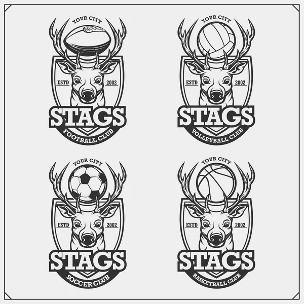 バレーボール バスケットボール サッカー サッカーのロゴとラベル 鹿やスタッグとスポーツクラブのエンブレム Tシャツのプリントデザイン — ストックベクタ