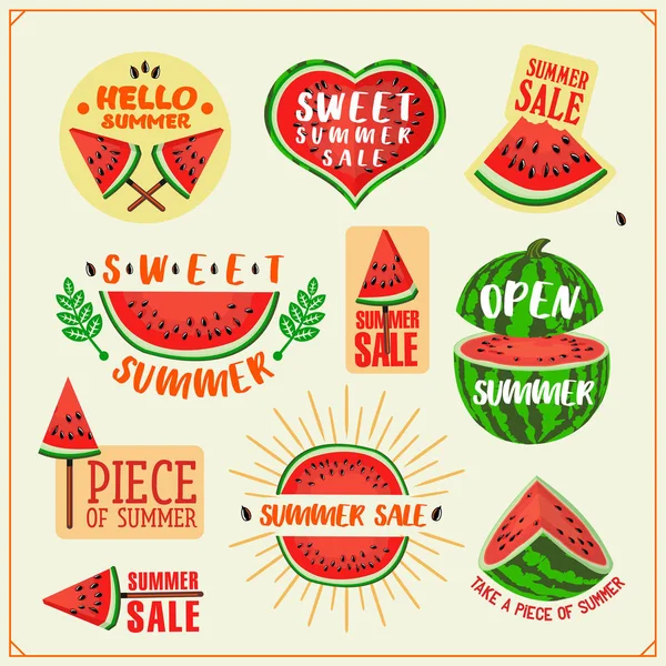 Set Summer Sale Emblems Whole Watermelons Juicy Watermelon Slices Summer — Stock Vector