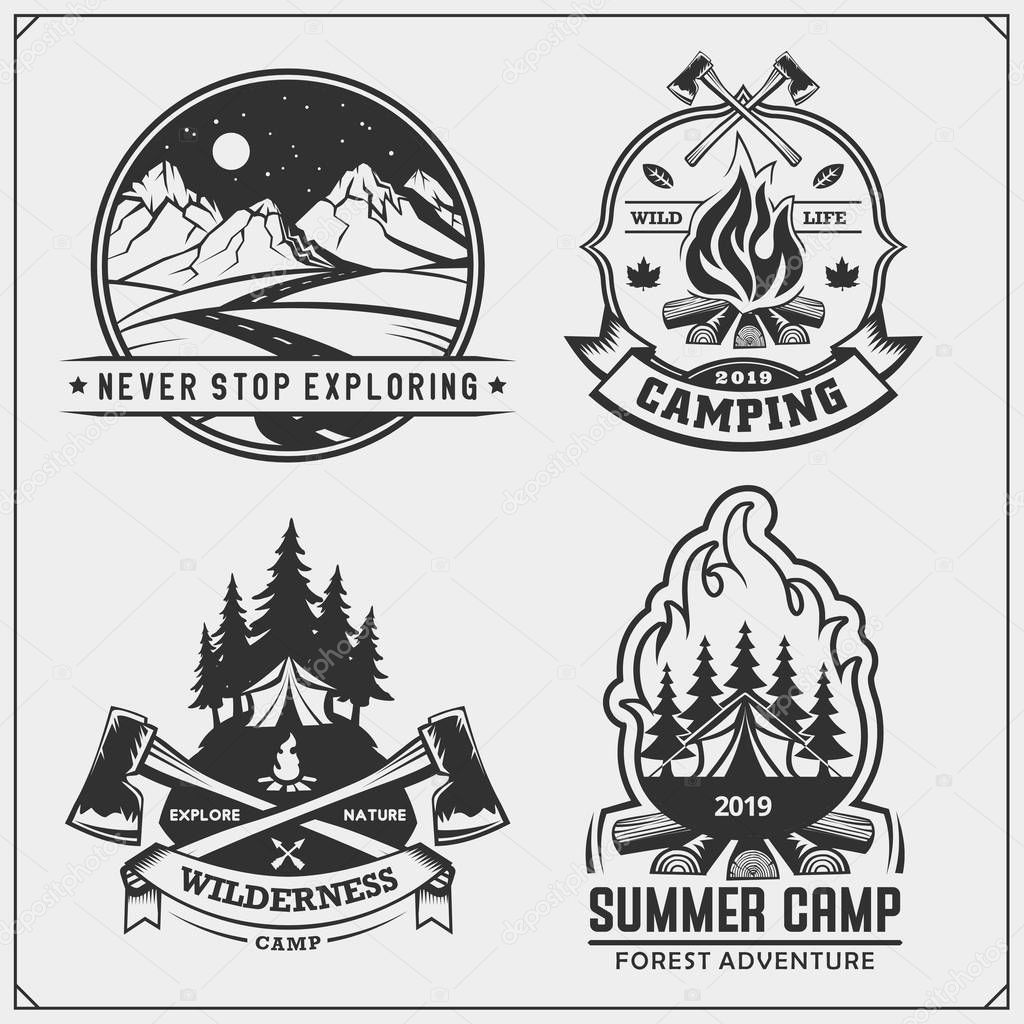 Camping club emblems, badges and design elements. Retro set of mountain tourism, forest camping, outdoor adventure and wanderlust. Print design for camp t-shirt.