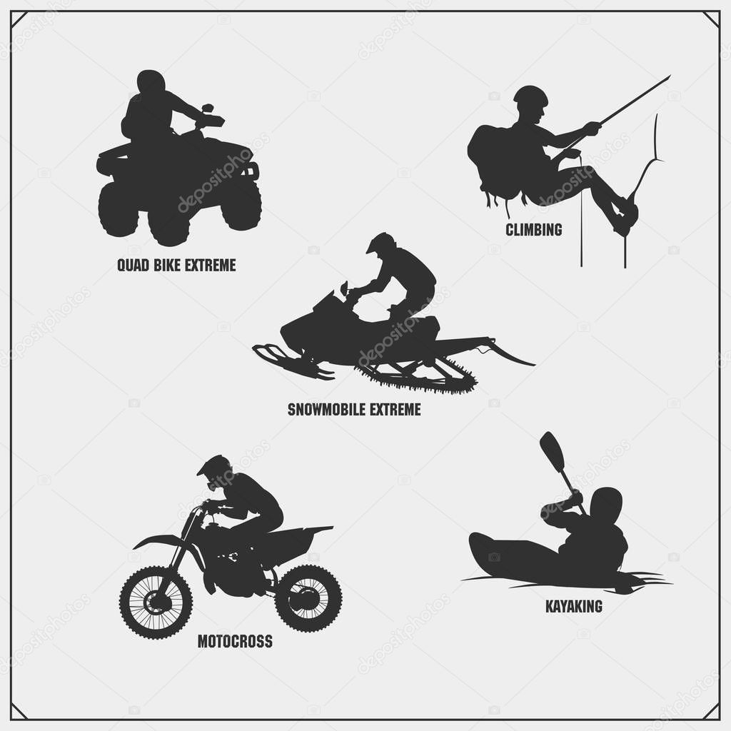 Extreme sport emblems. Quad bike, Snowmobile, Mountain climbing, Motocross jumping, Moto freestyle, Kayaking. Labels, badges and design elements for sport clubs. Print design for t-shirts.
