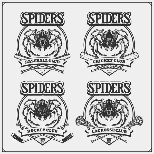クリケット ラクロス ホッケーのロゴとラベル クモとスポーツクラブのエンブレム Tシャツのプリントデザイン — ストックベクタ