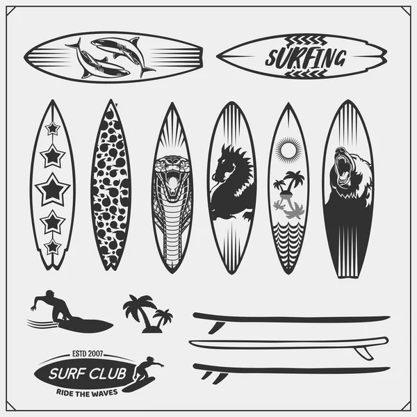 Conjunto Diferentes Pranchas Surf Ilustração Vetorial Emblemas Surf Ícones Rótulos — Vetor de Stock