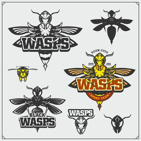 Set Wasp Labels Badges Icons Design Elements Dangerous Stinging Insects — Stock Vector