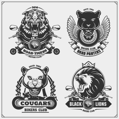 Retro motosiklet etiketleri, rozetleri ve tasarım öğeleri koleksiyonu. Panter, puma, aslan ve kaplan ile motor ve bisikletçi kulüp amblemleri. T-shirt için baskı tasarımı.