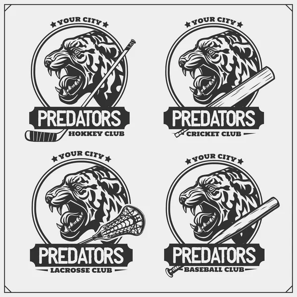 Lacrosse Baseball Cricket Hockey Logos Labels Sport Club Emblems Tiger — Stock Vector