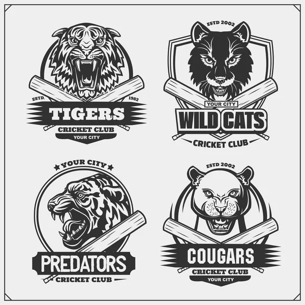 Set Cricket Emblems Badges Logos Labels Tiger Cougar Wildcat Print — Stock Vector