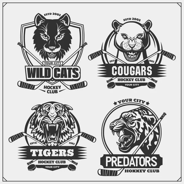 Conjunto Emblemas Hockey Insignias Logotipos Etiquetas Con Tigre Puma Gato — Vector de stock