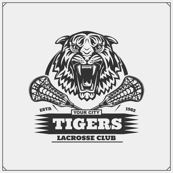 Lacrosse Club Emblem Mit Wütendem Tiger Printdesign Für Shirt — Stockvektor