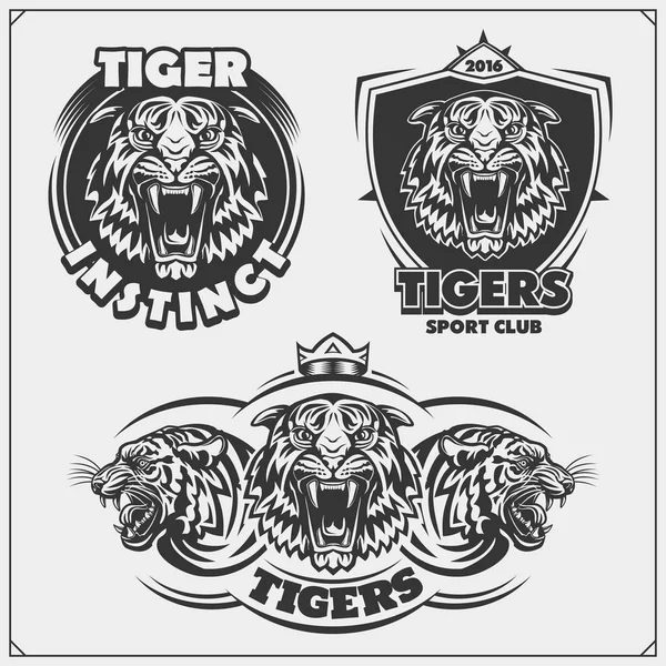 Emblems Angry Tigers Tattoo Salon Sport Club Logos Print Design — Stock Vector