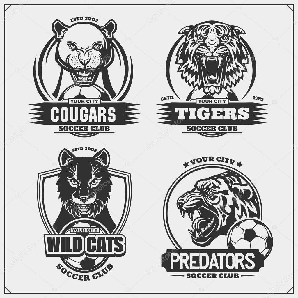 Set of football emblems, badges, logos and labels with tiger, cougars and wildcat. Print design for t-shirt.