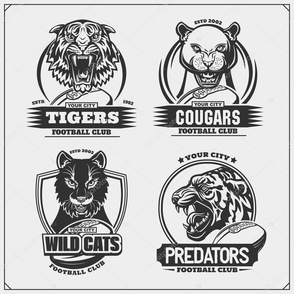 Set of football emblems, badges, logos and labels with tiger, cougars and wildcat. Print design for t-shirt.