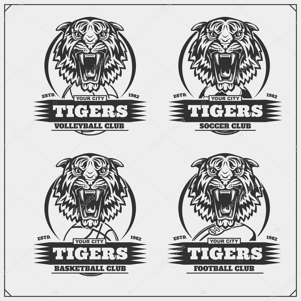 Volleyball, basketball, soccer and football logos and labels. Sport club emblems with tiger. Print design for t-shirt.