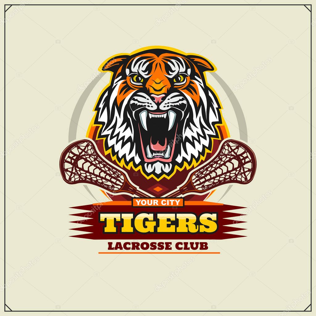 Lacrosse club emblem with angry tiger. Print design for t-shirt.