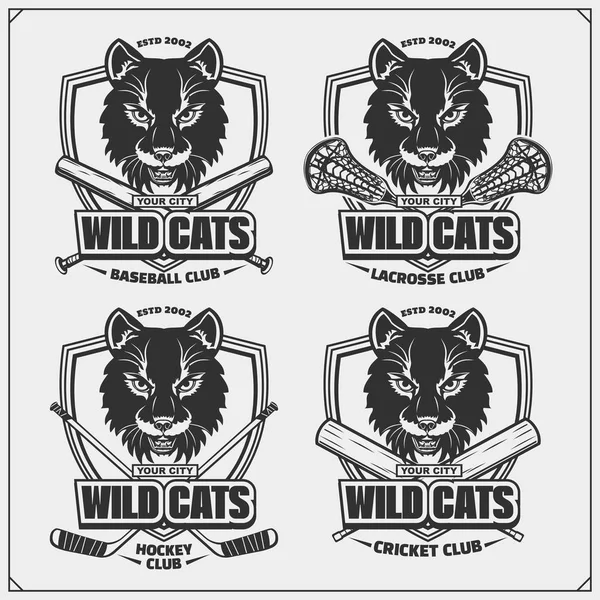 ラクロス クリケット ホッケーのロゴとラベル 野生の猫とスポーツクラブのエンブレム Tシャツのプリントデザイン — ストックベクタ