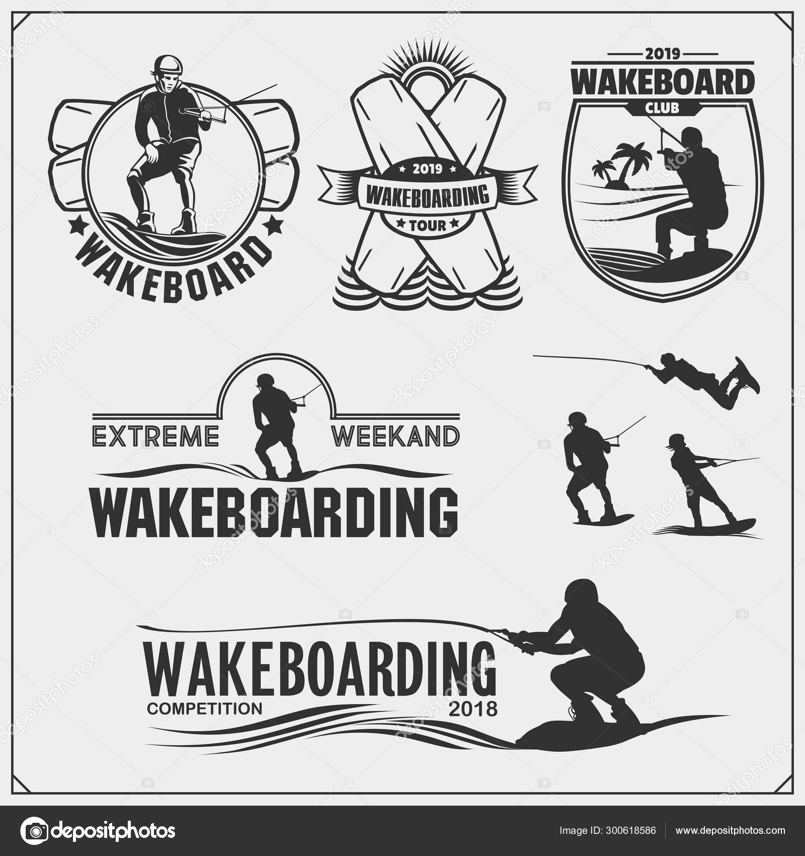 Wakeboarding Silhouettes Labels Design Elements Set Emblems Wakeboard
