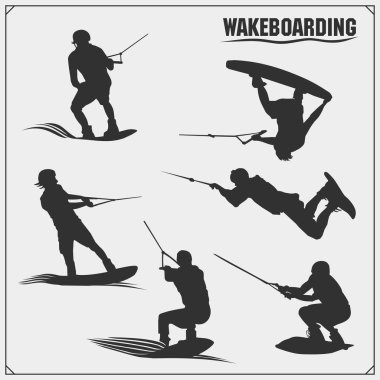 Wakeboarding silhouettes, labels and design elements. Set of emblems for wakeboard club and print design for t-shirt. clipart