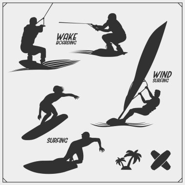 Wakeboarding siluetler, etiketler ve tasarım öğeleri. Wakeboard club ve t-shirt için baskı tasarımı için amblemler seti.