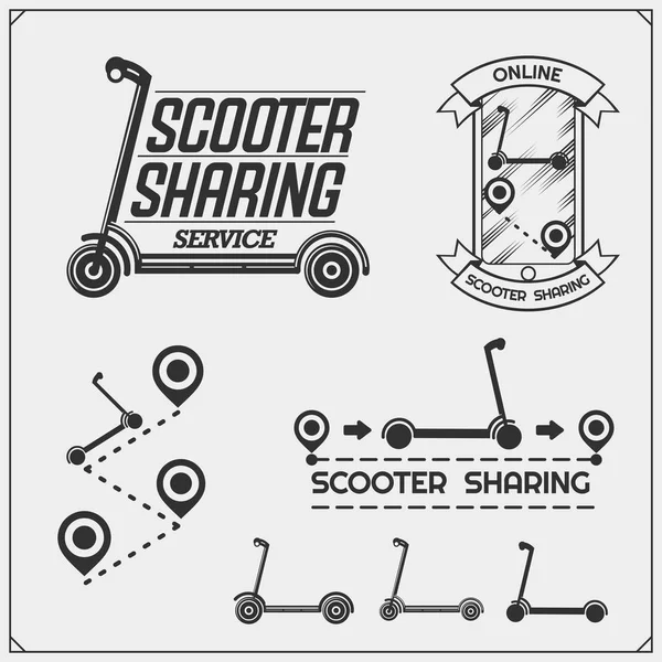 Emblemas Ícones Aluguel Scooter Elétrico Compartilhamento Transporte Ecológico Alugando Aplicativo —  Vetores de Stock