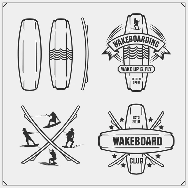 Wakeboarding siluetler, etiketler ve tasarım öğeleri. Wakeboard club ve t-shirt için baskı tasarımı için amblemler seti.