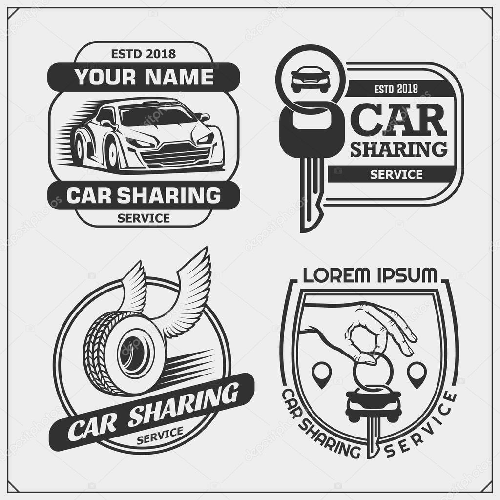 Car sharing service emblems and logos. Transport renting service mobile app. Vector illustration.