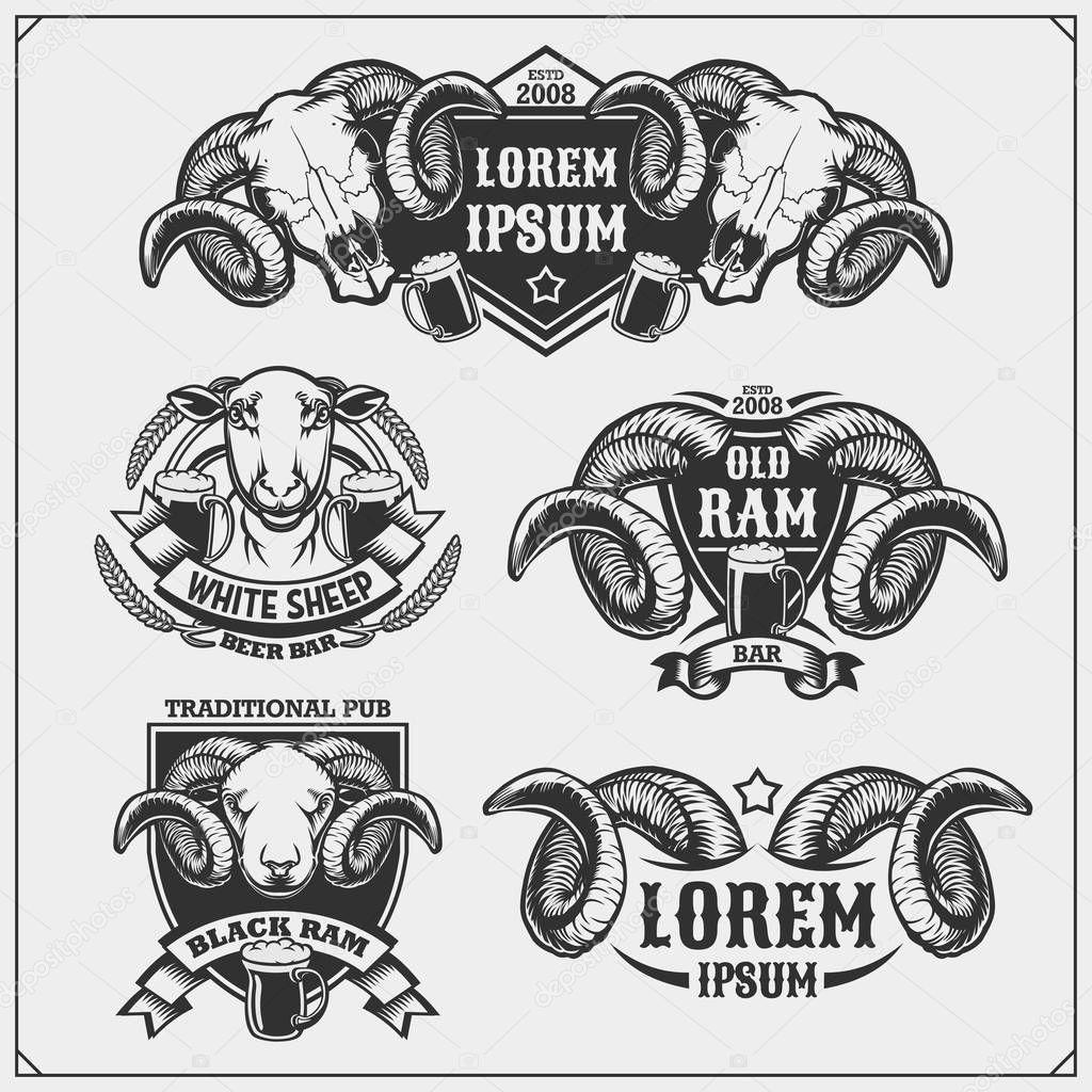 Beer set emblems with ram and sheep. Labels, emblems, stickers and design elements for pub, beer festival and beer restaurant design.