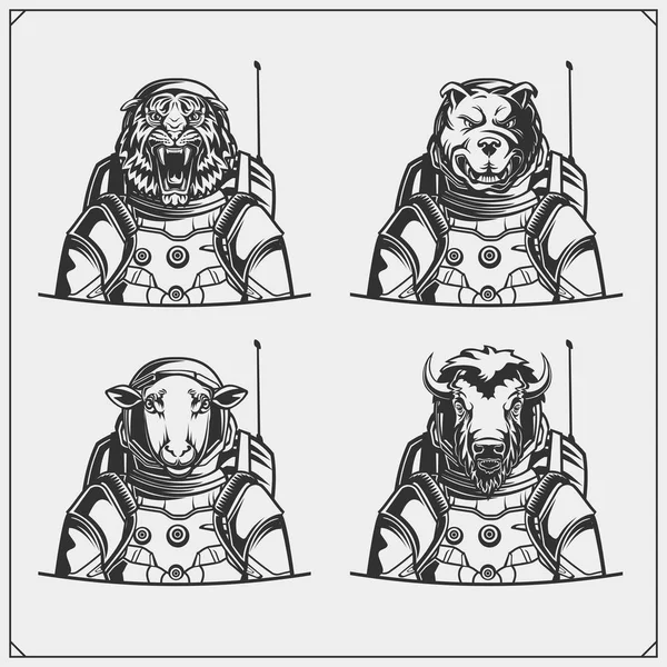 Rymd Och Astronautemblem Etiketter Och Designelement Tiger Skepp Bison Och — Stock vektor