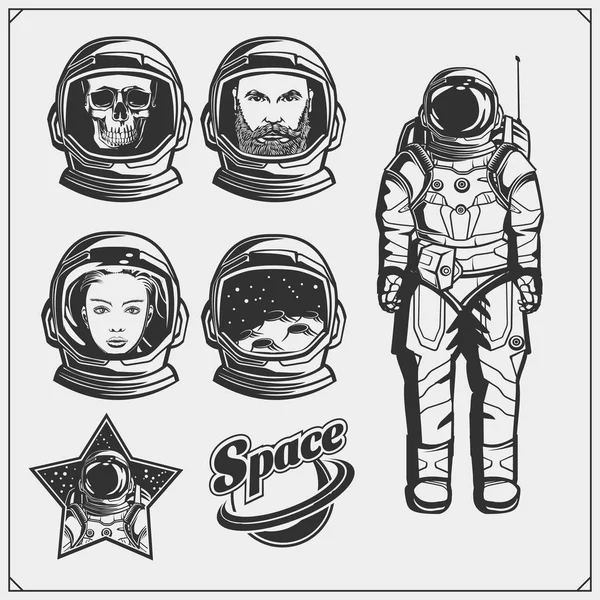 Ruimte Astronaut Emblemen Labels Design Elementen Man Meisje Schedel Een — Stockvector