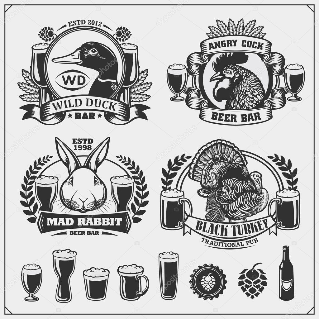 Beer set emblems with duck, rooster, rabbit and turkey. Labels, emblems, stickers and design elements for pub, beer festival and beer restaurant design.
