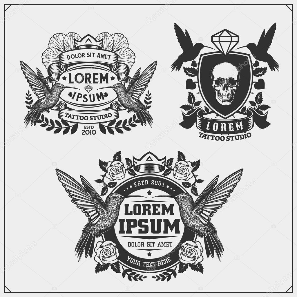 Emblems with colibri, roses and skull. Vector set of tattoo salon labels and design elements.