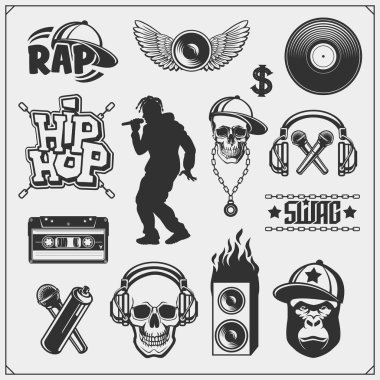 Hip-hop ve rap amblemleri, özellikler ve aksesuarlar. Poster şablonları ve tasarım elemanları.