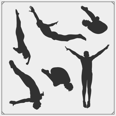 Uçurum dalışı spor amblemleri, etiketler ve tasarım unsurları. Dalış kulübü logoları ve şablonları. Dalgıçlar siluetleri.