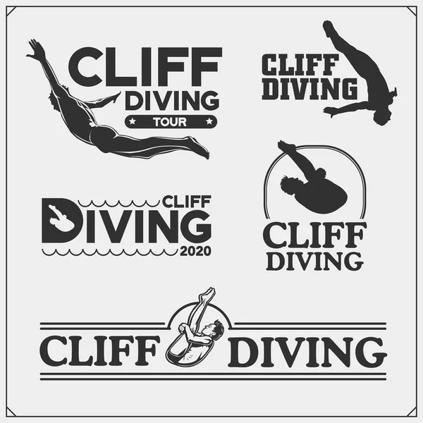 悬崖潜水运动的标志 标签和设计元素 潜水运动俱乐部标志和模板 潜水员简介 — 图库矢量图片